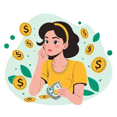 Woman Pondering Finances With Coins And Cash  AI Image