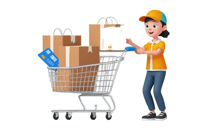 Woman Pushing Shopping Cart With Boxes  AI Image