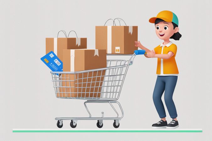Woman Pushing Shopping Cart With Boxes  AI Image