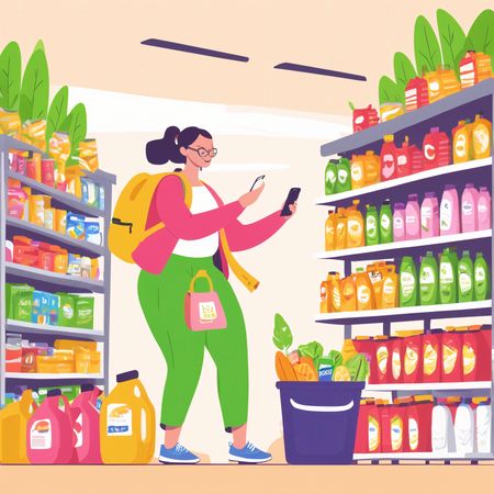 Woman Shopping In A Supermarket Using Smartphone  AI Image