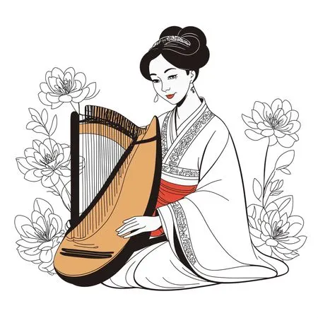 Woman With Harp And Floral Background  AI Image