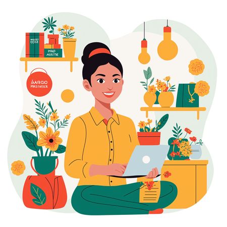 Woman Working On Laptop Surrounded By Plants And Decor  AI Image